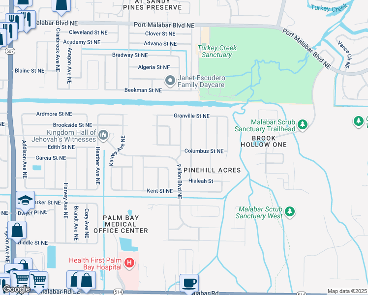 map of restaurants, bars, coffee shops, grocery stores, and more near 2105 Columbus Street Northeast in Palm Bay