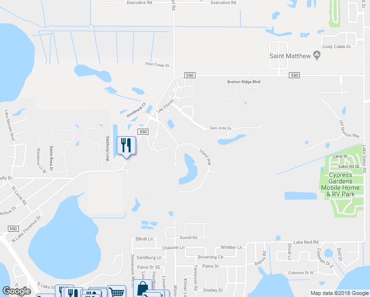 map of restaurants, bars, coffee shops, grocery stores, and more near 100 Island Way in Winter Haven