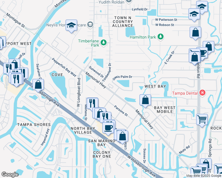 map of restaurants, bars, coffee shops, grocery stores, and more near 10215 Villa Palazzo Court in Tampa