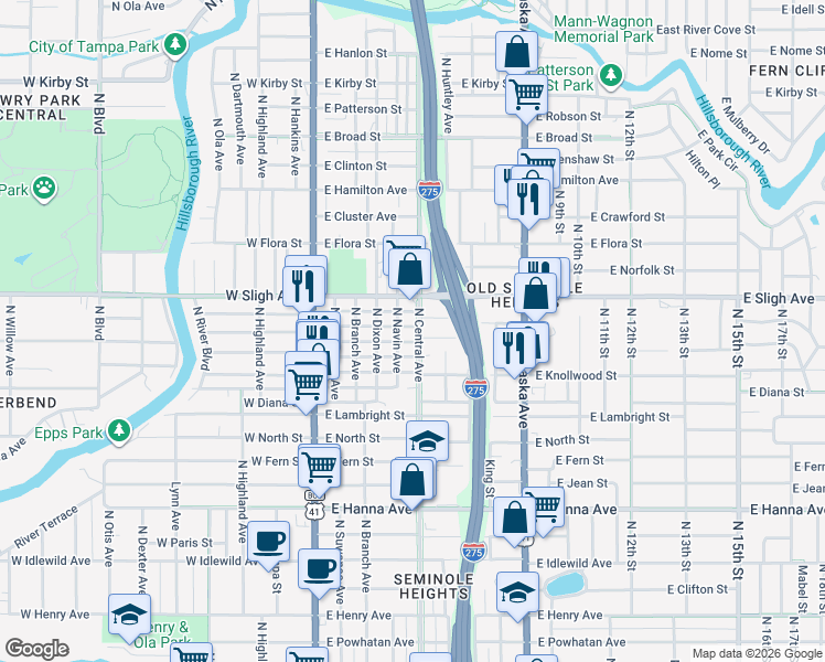 map of restaurants, bars, coffee shops, grocery stores, and more near 6804 North Central Avenue in Tampa