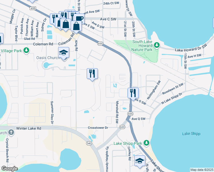 map of restaurants, bars, coffee shops, grocery stores, and more near 1083 Sunshine Way Southwest in Winter Haven