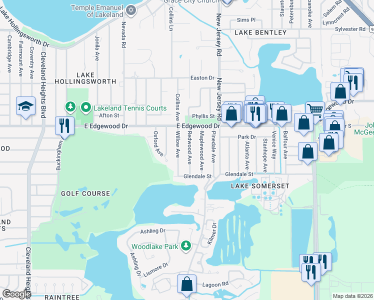 map of restaurants, bars, coffee shops, grocery stores, and more near 2933 Redwood Avenue in Lakeland