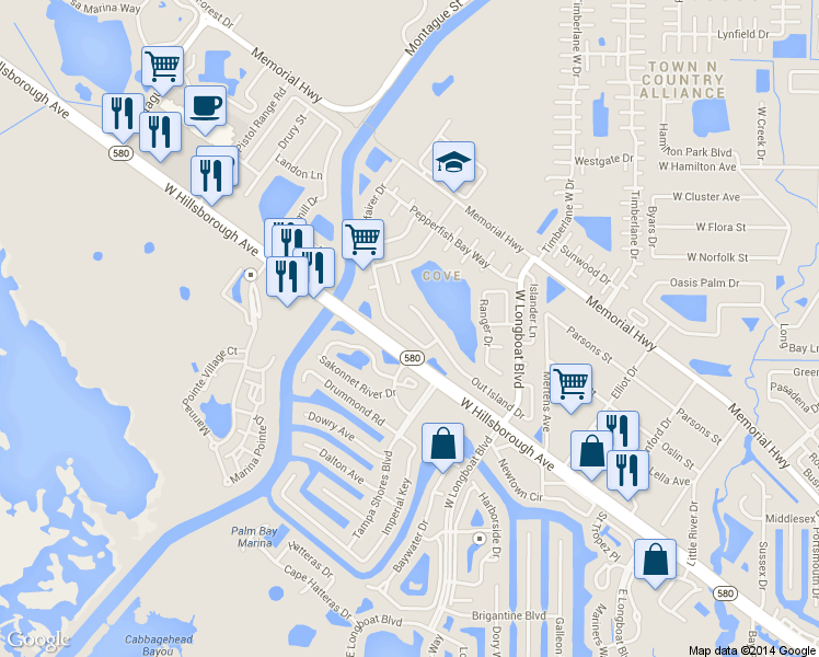 map of restaurants, bars, coffee shops, grocery stores, and more near 6515 Seafairer Drive in Tampa