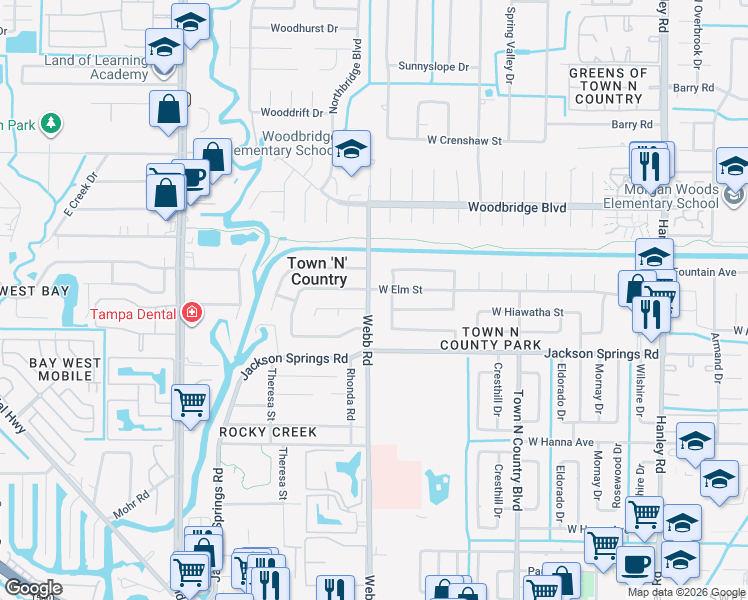 map of restaurants, bars, coffee shops, grocery stores, and more near 6709 Webb Road in Tampa