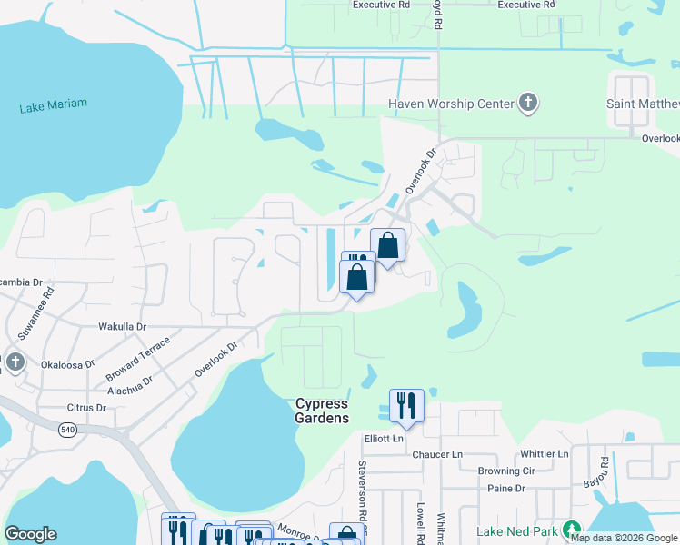 map of restaurants, bars, coffee shops, grocery stores, and more near 2391 Salzburg Loop in Winter Haven