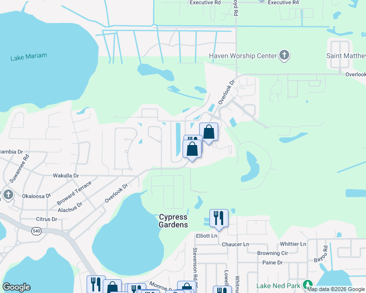 map of restaurants, bars, coffee shops, grocery stores, and more near 2391 Salzburg Loop in Winter Haven
