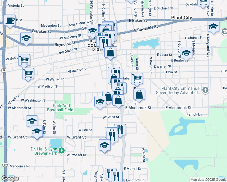 map of restaurants, bars, coffee shops, grocery stores, and more near 618 South Collins Street in Plant City