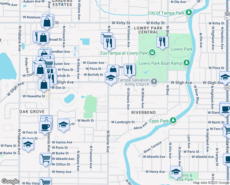 map of restaurants, bars, coffee shops, grocery stores, and more near 1513 West Hiawatha Street in Tampa