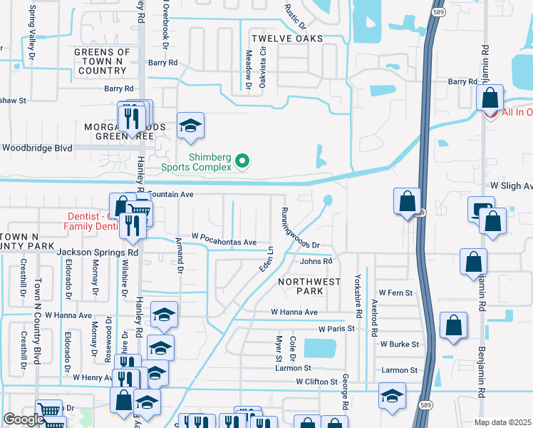 map of restaurants, bars, coffee shops, grocery stores, and more near 6815 Wayside Court in Tampa