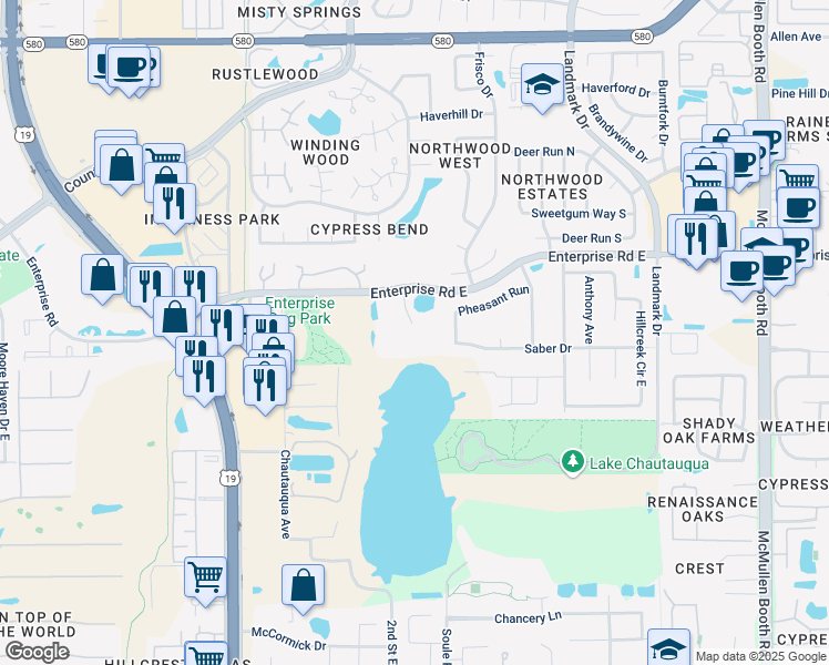 map of restaurants, bars, coffee shops, grocery stores, and more near 31 Enterprise Road East in Clearwater