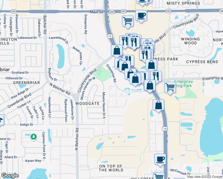 map of restaurants, bars, coffee shops, grocery stores, and more near 2462 Enterprise Road in Clearwater
