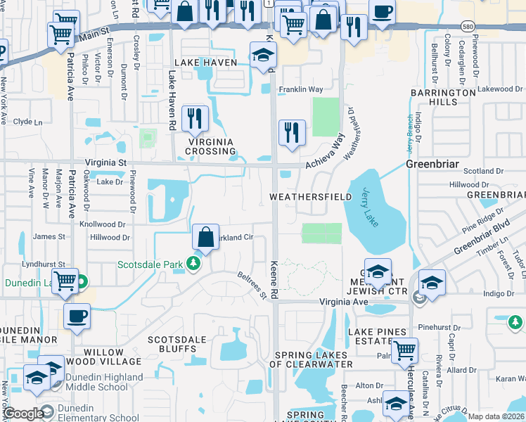 map of restaurants, bars, coffee shops, grocery stores, and more near 2432 Treemont Way in Dunedin