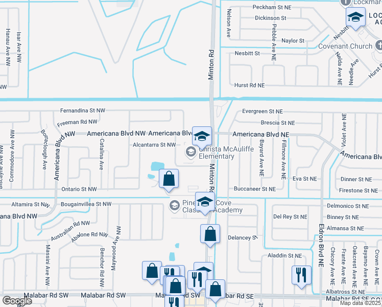 map of restaurants, bars, coffee shops, grocery stores, and more near 155 Del Mundo Street Northwest in Palm Bay