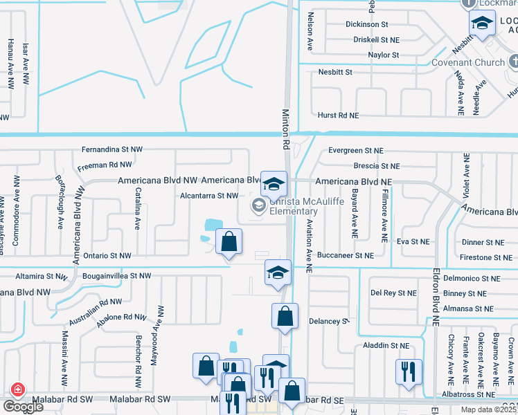 map of restaurants, bars, coffee shops, grocery stores, and more near 155 Del Mundo Street Northwest in Palm Bay