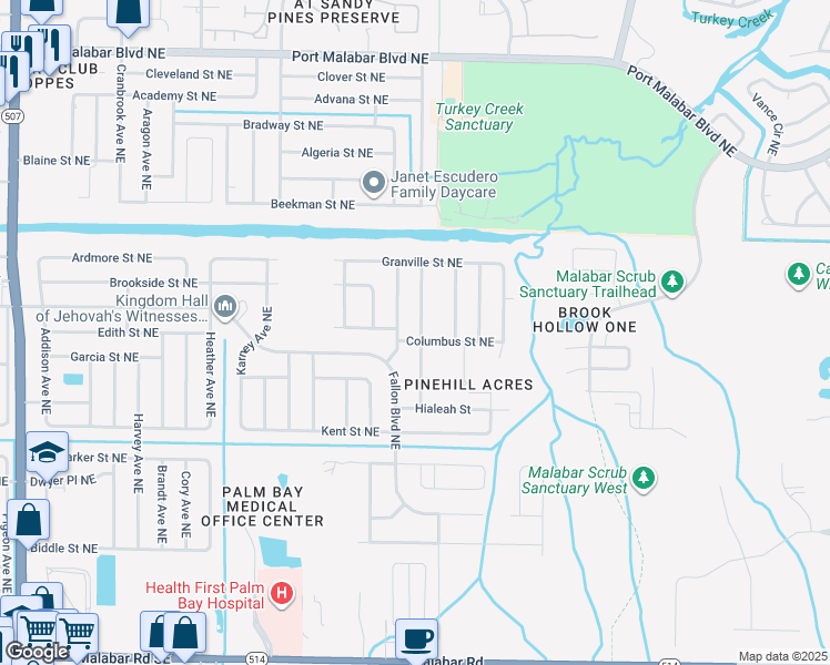 map of restaurants, bars, coffee shops, grocery stores, and more near 2165 Columbus Street Northeast in Palm Bay