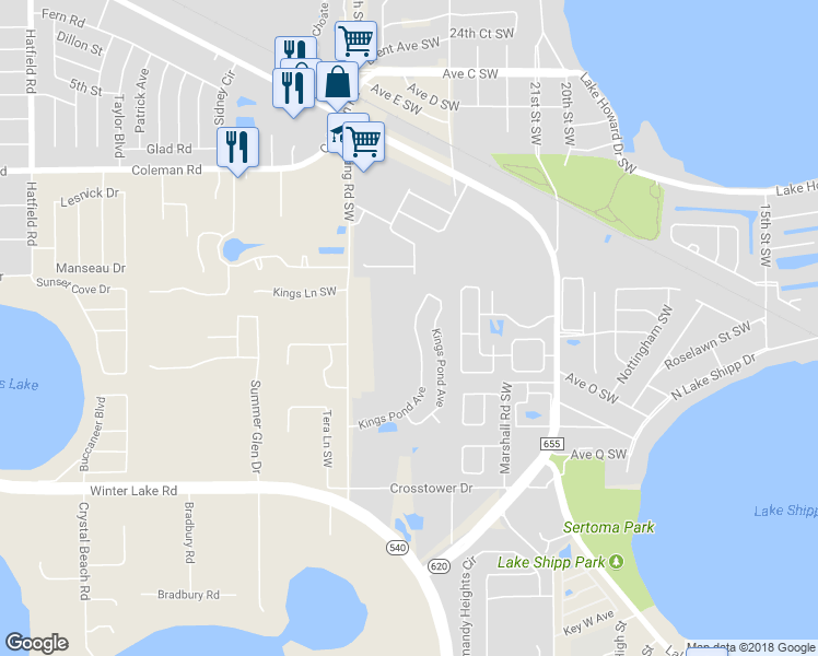 map of restaurants, bars, coffee shops, grocery stores, and more near 155 Kings Pond Avenue in Winter Haven