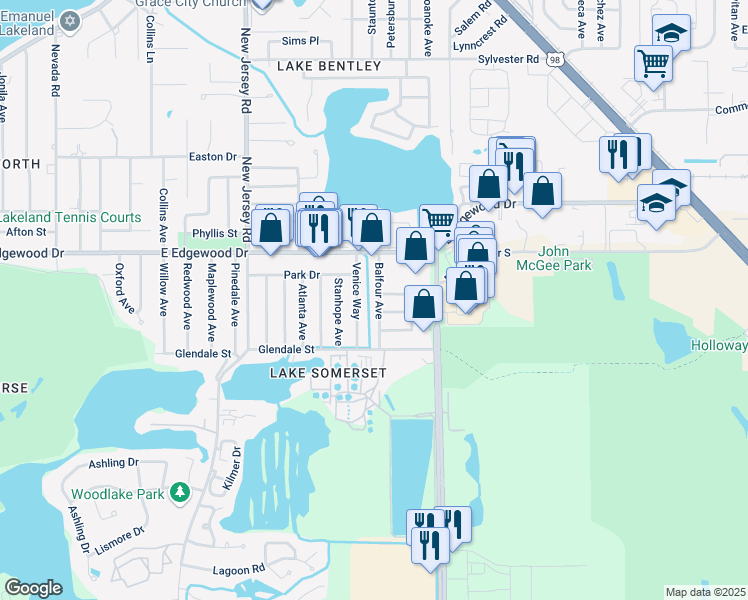 map of restaurants, bars, coffee shops, grocery stores, and more near 2917 Balfour Avenue in Lakeland