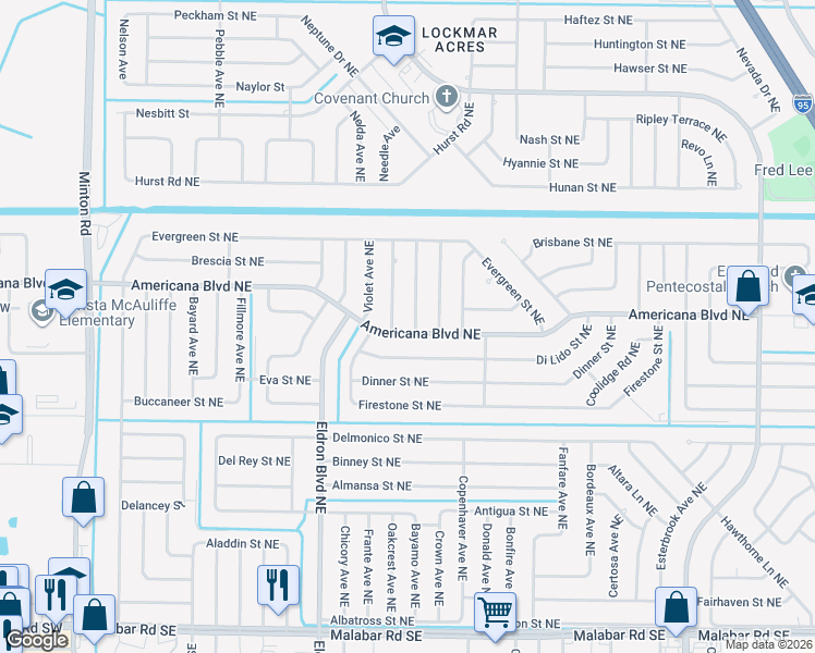 map of restaurants, bars, coffee shops, grocery stores, and more near 491 Americana Boulevard Northeast in Palm Bay