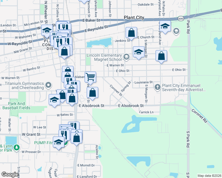 map of restaurants, bars, coffee shops, grocery stores, and more near 623 Coronet Street in Plant City