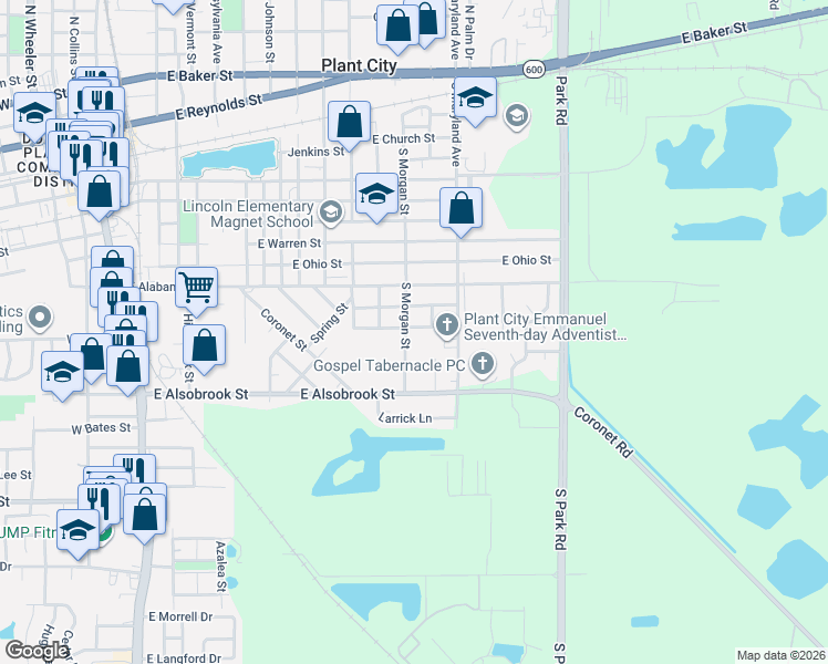 map of restaurants, bars, coffee shops, grocery stores, and more near 1501 Tennessee Street in Plant City