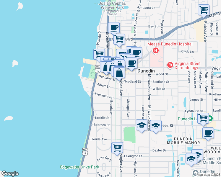 map of restaurants, bars, coffee shops, grocery stores, and more near 639 Broadway in Dunedin