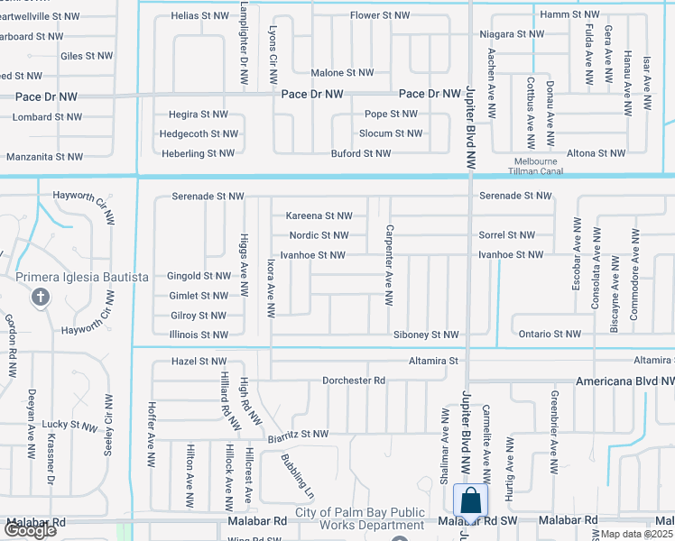 map of restaurants, bars, coffee shops, grocery stores, and more near 1133 Baysinger Street Northwest in Palm Bay