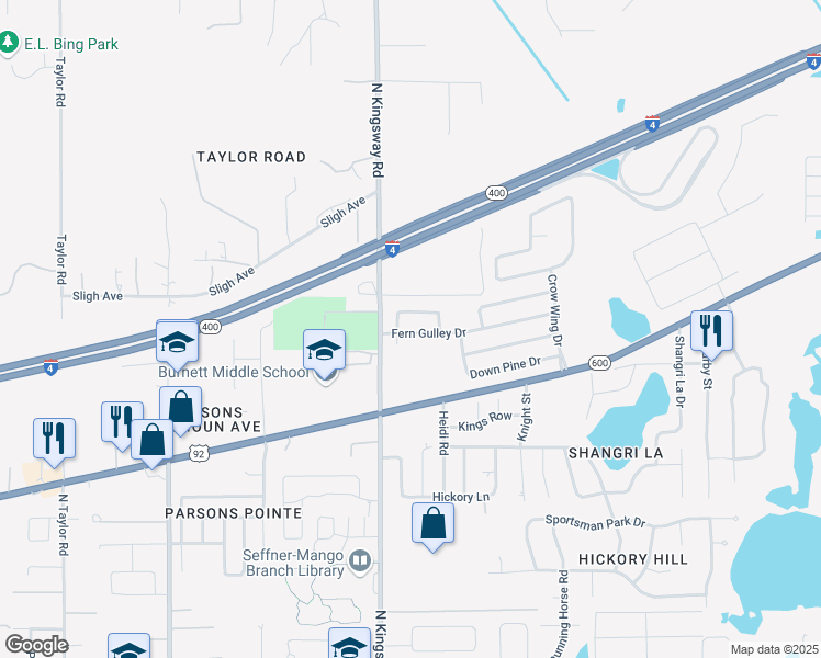 map of restaurants, bars, coffee shops, grocery stores, and more near 206 Fern Gulley Drive in Seffner