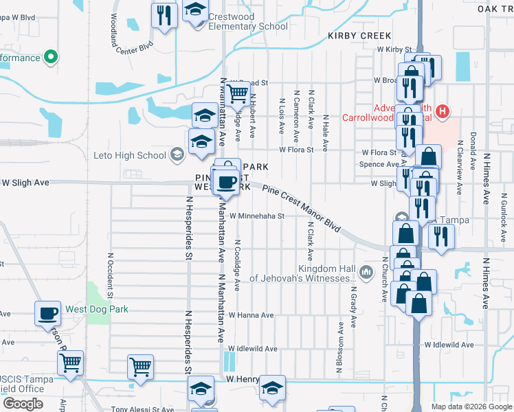 map of restaurants, bars, coffee shops, grocery stores, and more near 6807 North Hubert Avenue in Tampa