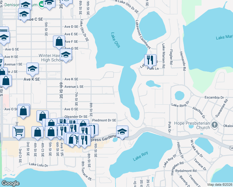 map of restaurants, bars, coffee shops, grocery stores, and more near 1202 West Lake Otis Drive Southeast in Winter Haven