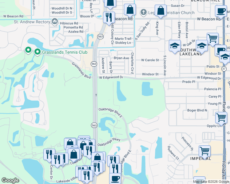 map of restaurants, bars, coffee shops, grocery stores, and more near 2948 Mission Lakes Drive in Lakeland