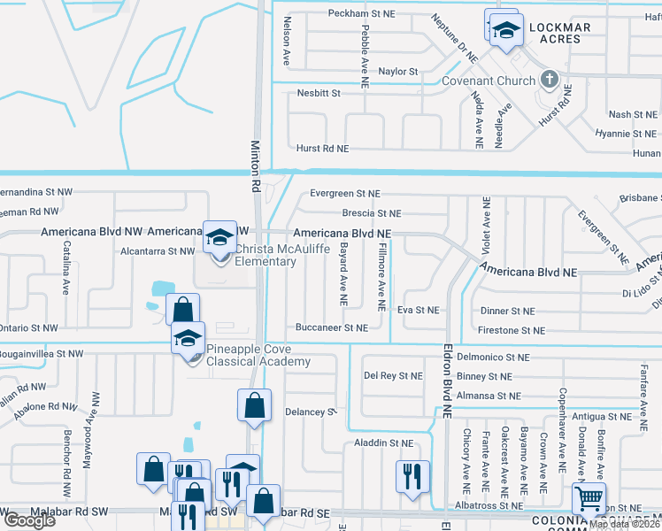 map of restaurants, bars, coffee shops, grocery stores, and more near 473 Cellini Ave NE in Palm Bay