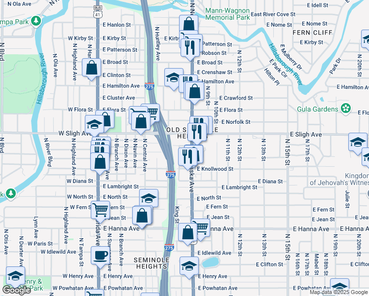 map of restaurants, bars, coffee shops, grocery stores, and more near 805 East Elm Street in Tampa