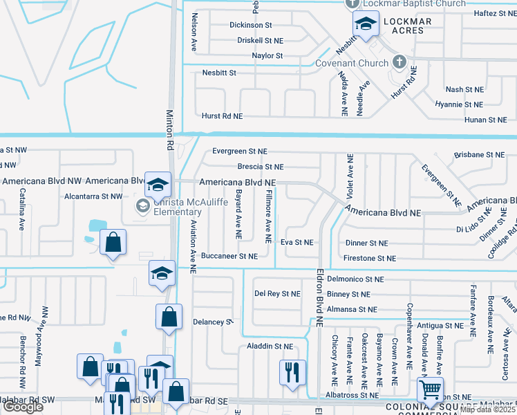 map of restaurants, bars, coffee shops, grocery stores, and more near 459 Filbert Avenue Northeast in Palm Bay