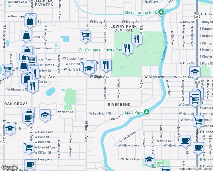 map of restaurants, bars, coffee shops, grocery stores, and more near 6805 North Orleans Avenue in Tampa