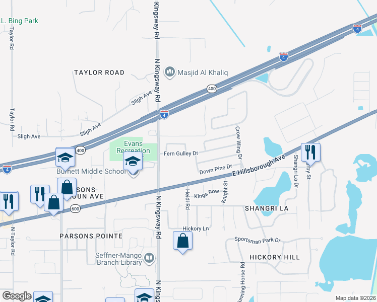map of restaurants, bars, coffee shops, grocery stores, and more near 1132 Fennel Green Drive in Seffner