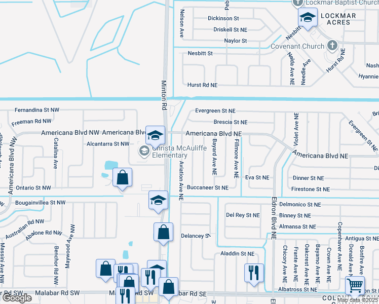 map of restaurants, bars, coffee shops, grocery stores, and more near 472 Veronica Avenue Northeast in Palm Bay
