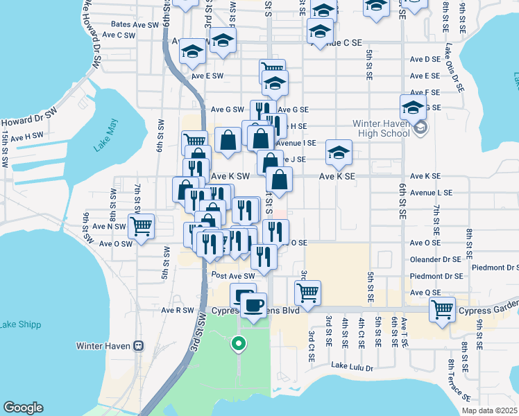 map of restaurants, bars, coffee shops, grocery stores, and more near 1155 1st Street South in Winter Haven