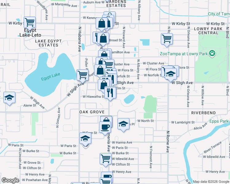 map of restaurants, bars, coffee shops, grocery stores, and more near 2137 West Hiawatha Street in Tampa