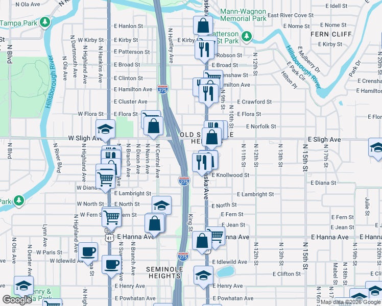 map of restaurants, bars, coffee shops, grocery stores, and more near 805 East Elm Street in Tampa