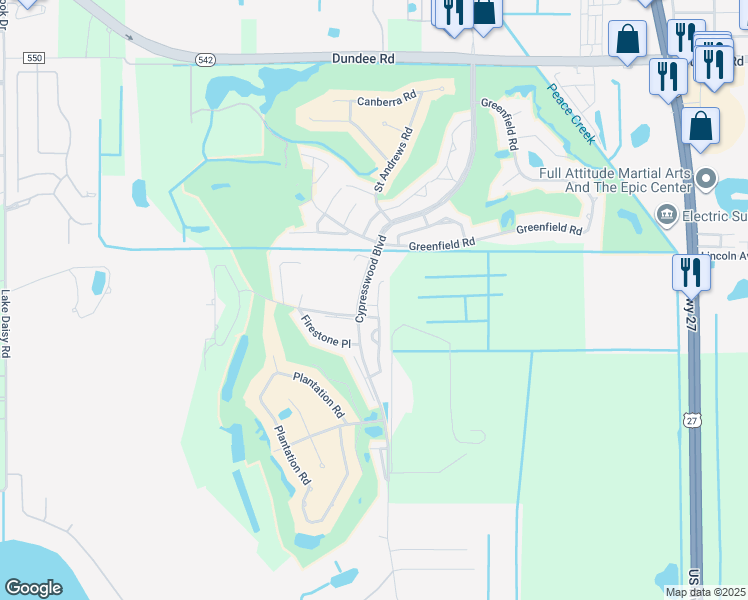map of restaurants, bars, coffee shops, grocery stores, and more near 8 Enclave Drive in Winter Haven