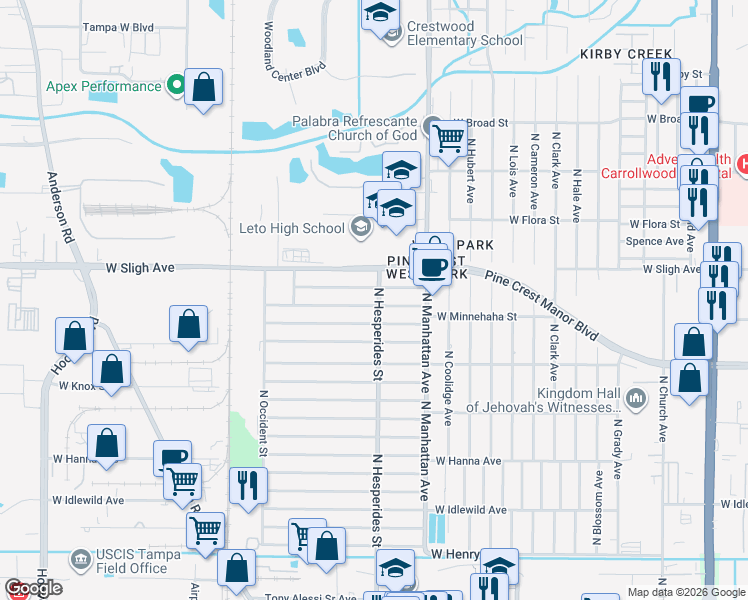 map of restaurants, bars, coffee shops, grocery stores, and more near 4501 West Hiawatha Street in Tampa