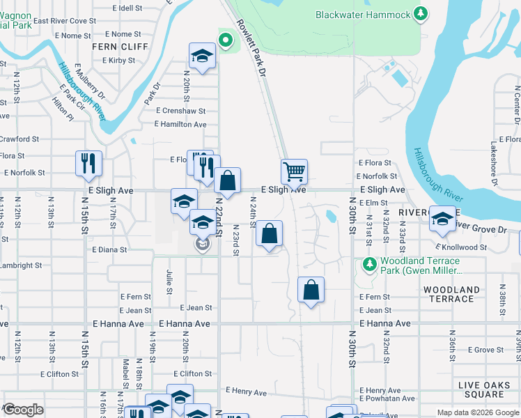 map of restaurants, bars, coffee shops, grocery stores, and more near 6709 North 24th Street in Tampa