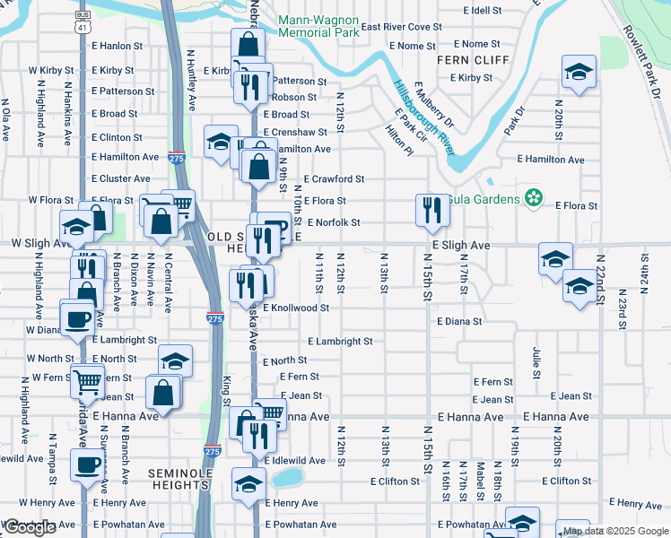 map of restaurants, bars, coffee shops, grocery stores, and more near 6718 North 12th Street in Tampa