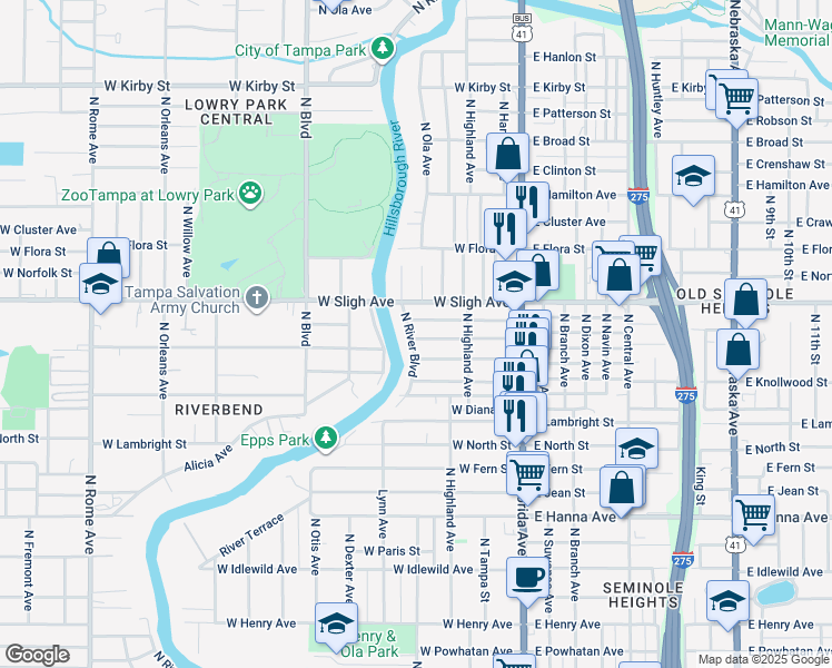 map of restaurants, bars, coffee shops, grocery stores, and more near 6800 North River Boulevard in Tampa