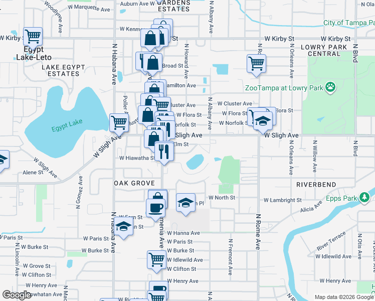 map of restaurants, bars, coffee shops, grocery stores, and more near 2122 West Hiawatha Street in Tampa