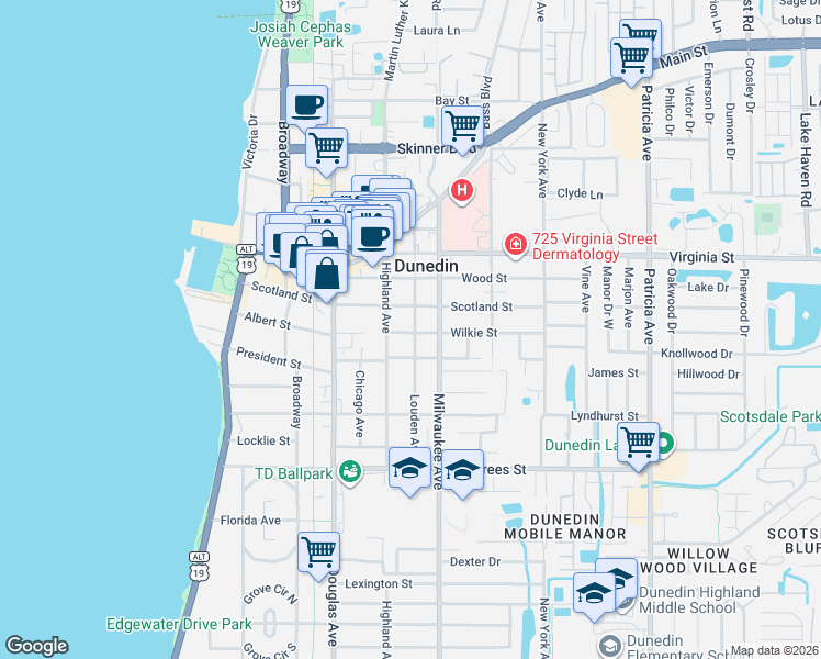 map of restaurants, bars, coffee shops, grocery stores, and more near 634 Louden Avenue in Dunedin