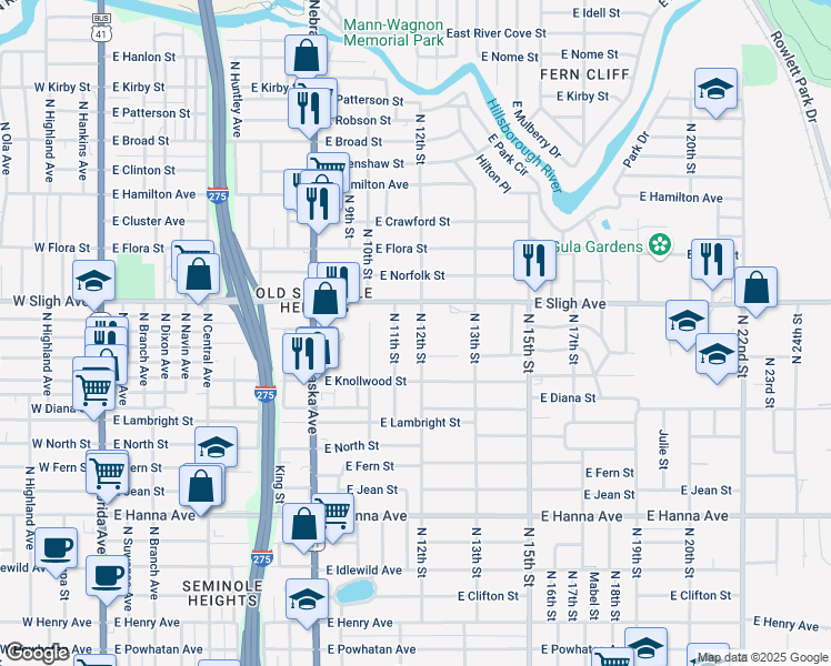 map of restaurants, bars, coffee shops, grocery stores, and more near 6718 North 12th Street in Tampa