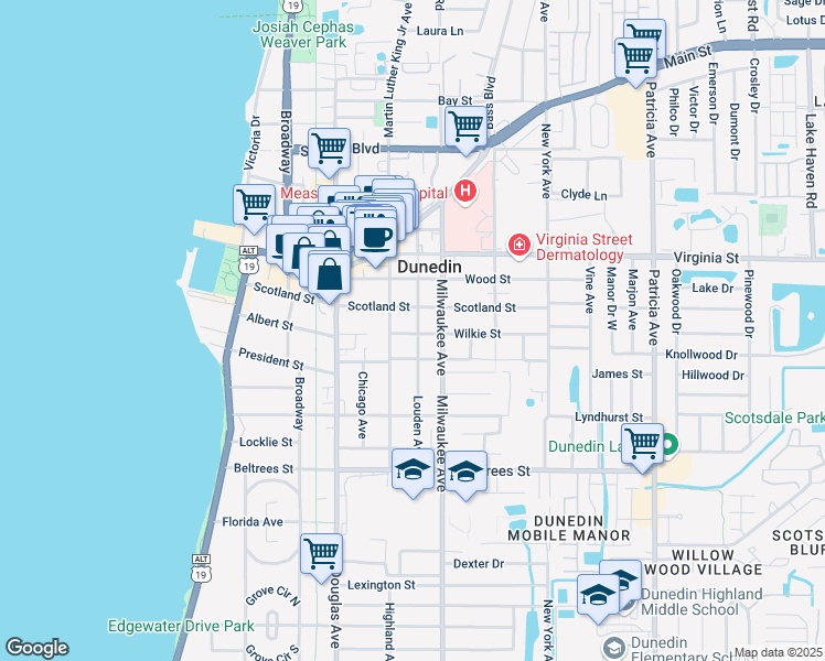 map of restaurants, bars, coffee shops, grocery stores, and more near 634 Louden Avenue in Dunedin