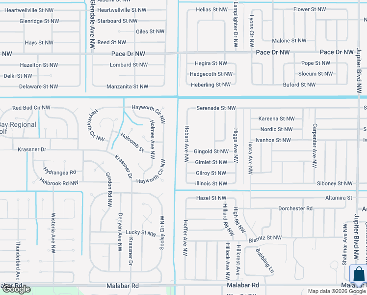 map of restaurants, bars, coffee shops, grocery stores, and more near 508 Hobart Avenue Northwest in Palm Bay