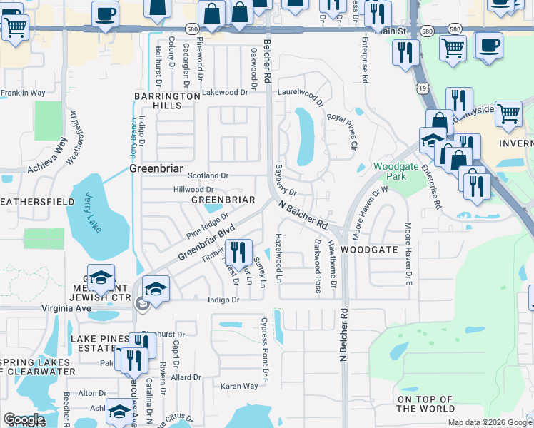 map of restaurants, bars, coffee shops, grocery stores, and more near 2459 Rutland Lane in Clearwater